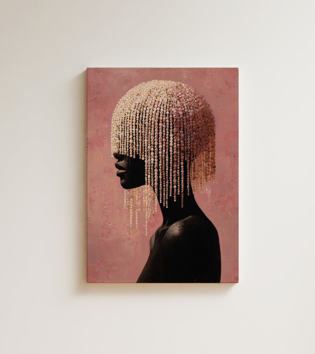 Veil of Pearls: A Black woman keeps her face for herself behind a curtain of ivory beads. Canvas wall art, shown on a plain wall