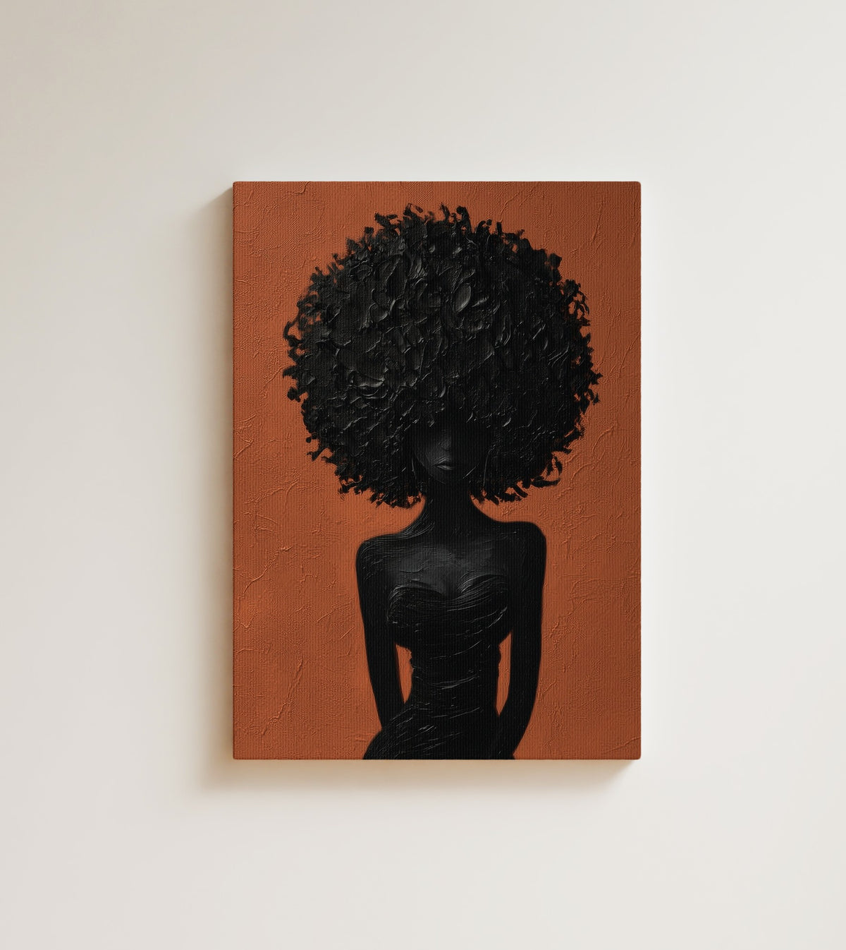 Terracotta Silence: A Black woman turned away, all shape and shadow. Canvas wall art, shown on a plain wall