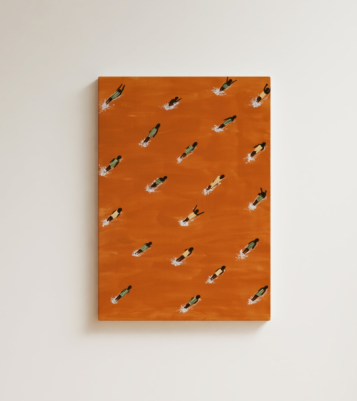 Tangerine Current: around twenty Black swimmers cross burnt orange water. Canvas wall art, shown on a plain wall