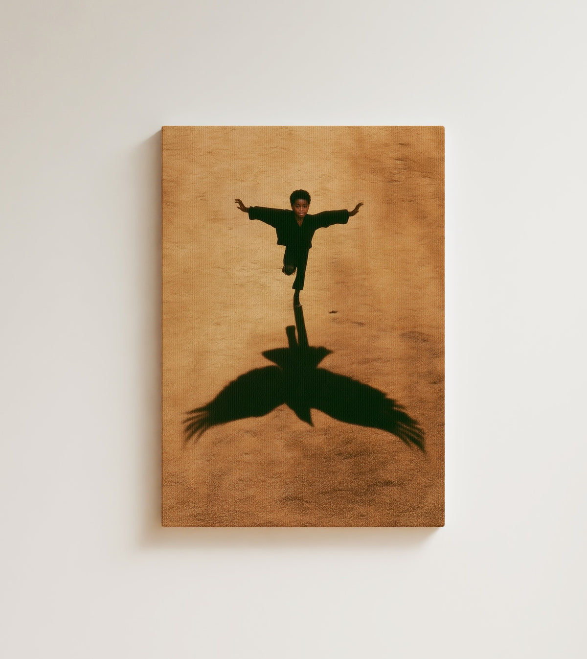 First Flight: he stands on one leg, and his shadow flies. Canvas wall art, shown on a plain wall