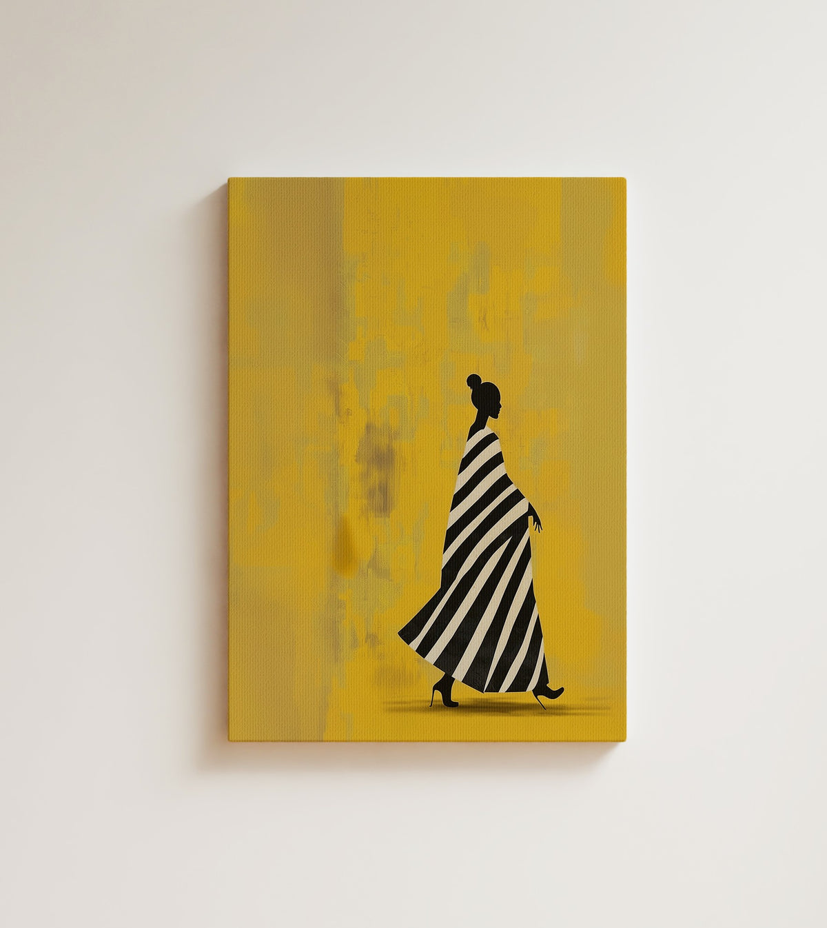 Forward Motion: A woman in silhouette strides across a bold mustard yellow wall. Canvas wall art, shown on a plain wall
