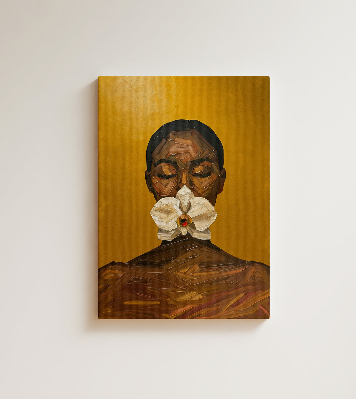 The Offering: one white orchid, eyes closed, and a face cut from copper light. Canvas wall art, shown on a plain wall
