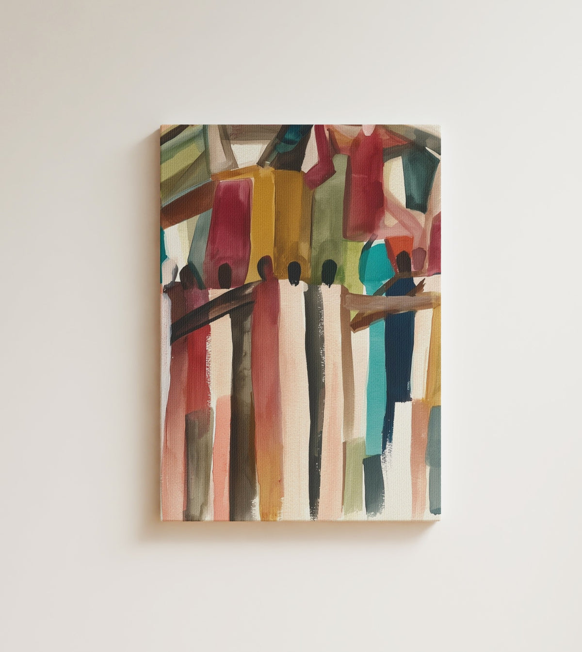 Shoulder to Shoulder: slender figures gather close in loose watercolor strokes on warm cream. Canvas wall art, shown on a plain wall