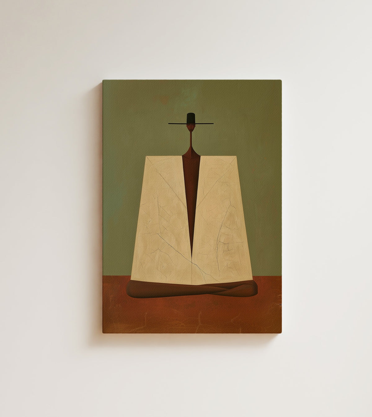 Composure: A seated figure in a vast cream robe and a flat black hat, set against sage green and rust. Canvas wall art, shown on a plain wall
