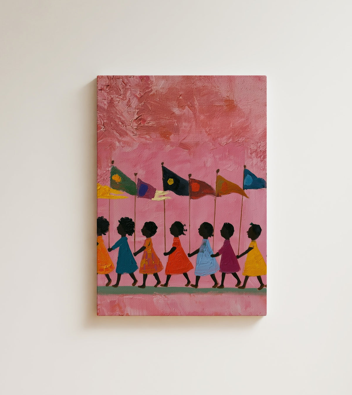 The Little Parade: some girls wait for a parade, and some simply start one. Canvas wall art, shown on a plain wall