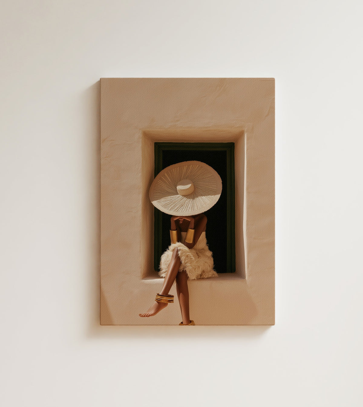 Warm Seclusion: A faceless Black woman rests in a sunlit niche. Canvas wall art, shown on a plain wall