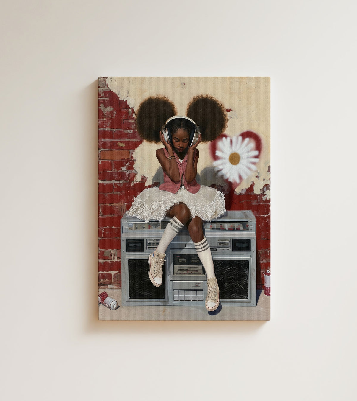Girl with Headphones: headphones on, world off, and she is not coming down. Canvas wall art, shown on a plain wall