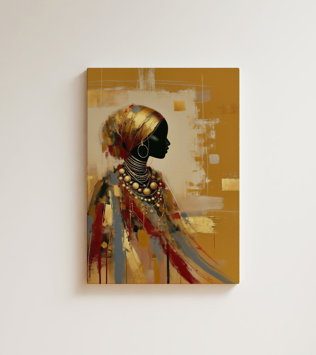 Gilded Memory: A Black woman in profile, in a gold patterned headwrap and stacked gold beads. Canvas wall art, shown on a plain wall