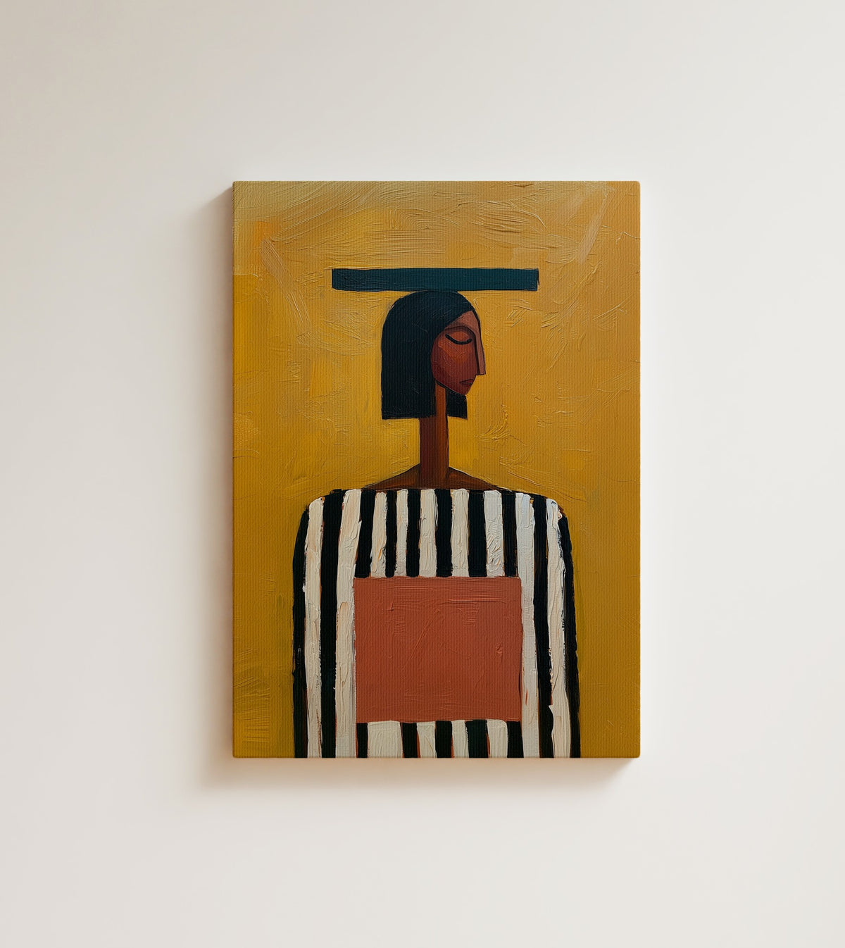 Ochre Calm: A stripe, a square, a hat bar, and suddenly she has presence. Canvas wall art, shown on a plain wall