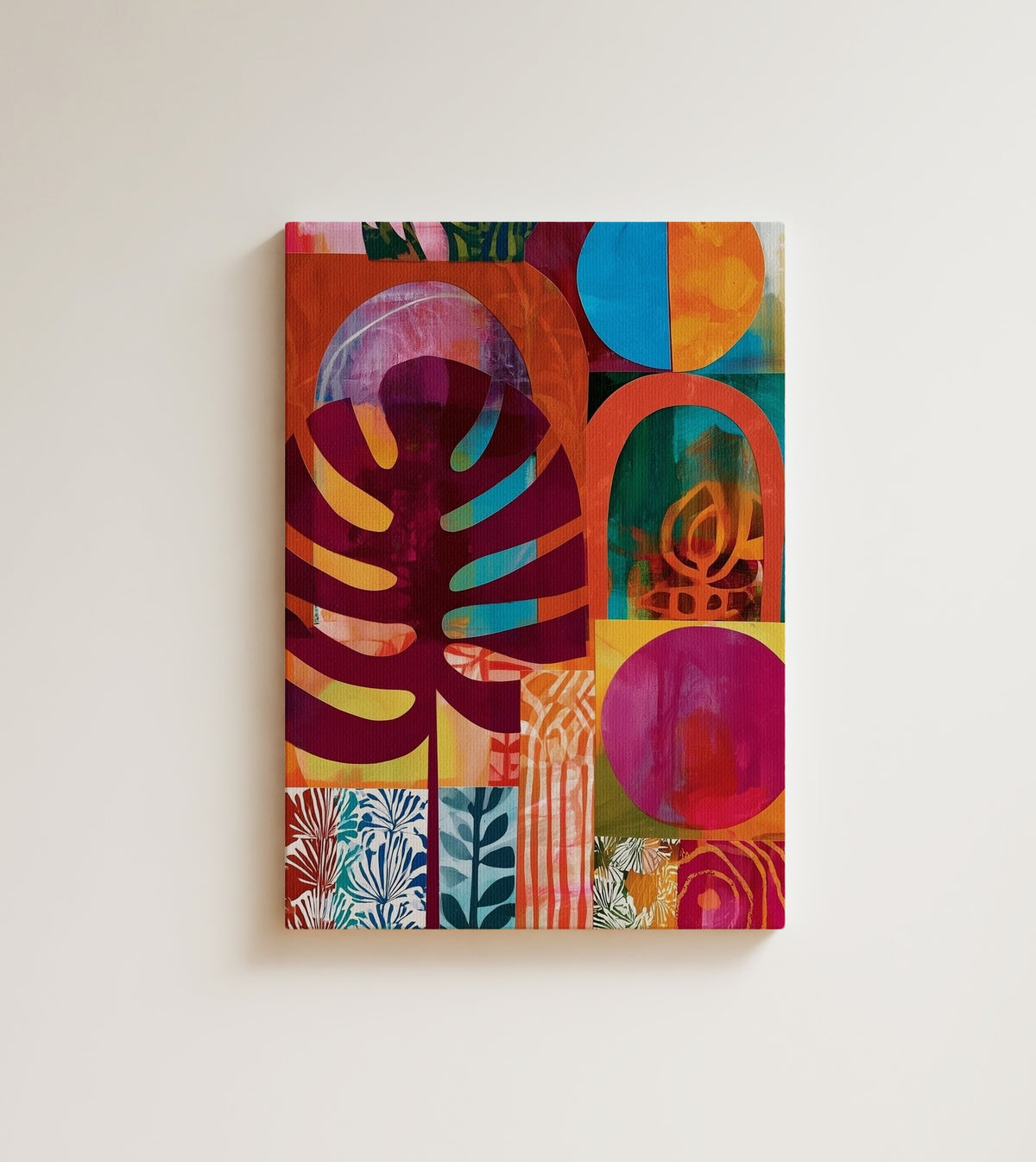 Tropic Reverie: A burgundy monstera leaf sits under an orange arch. Canvas wall art, shown on a plain wall