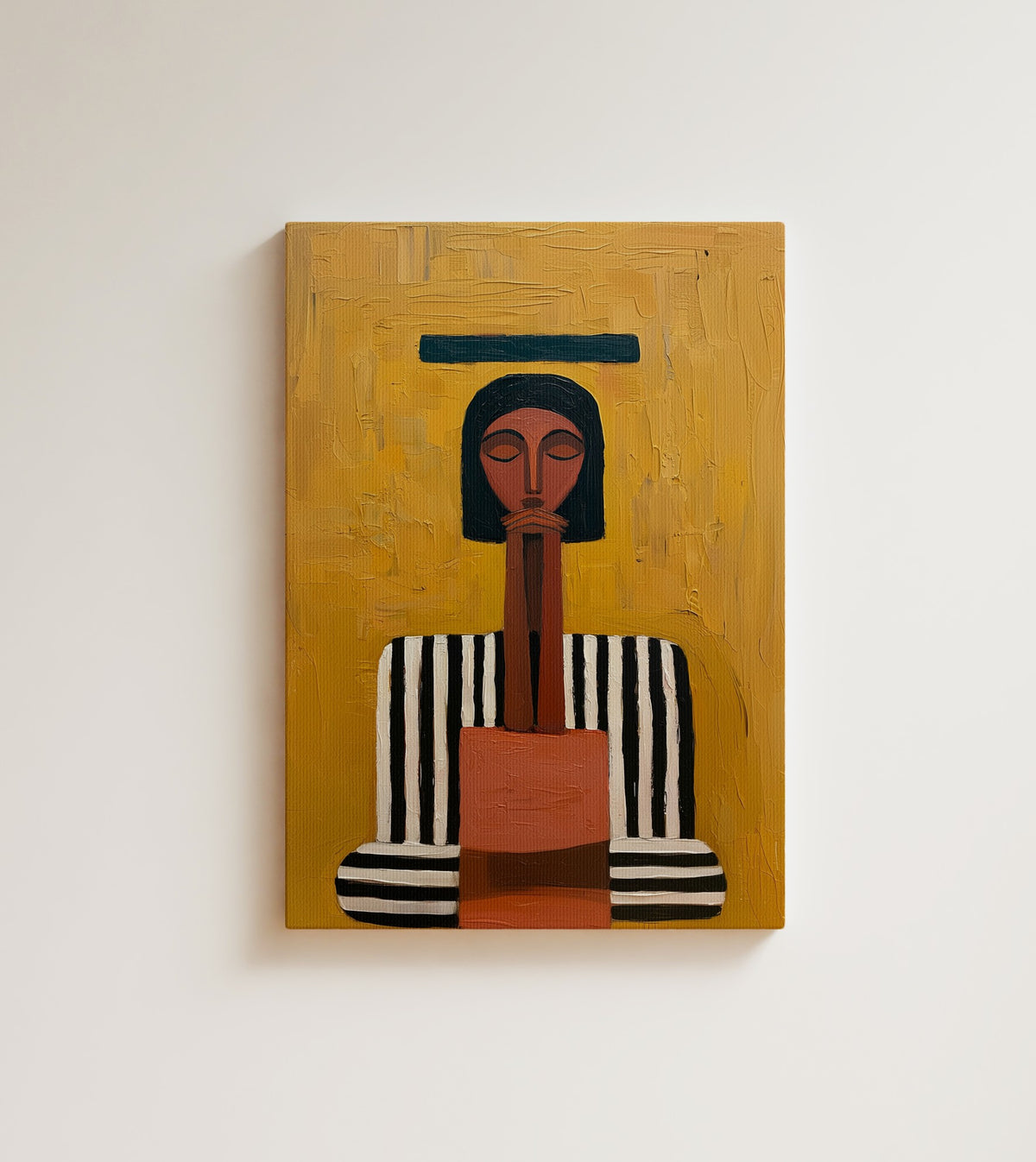 The Keeper: A stylized figure with a dark bob and closed eyes, in bold stripes against warm mustard. Canvas wall art, shown on a plain wall
