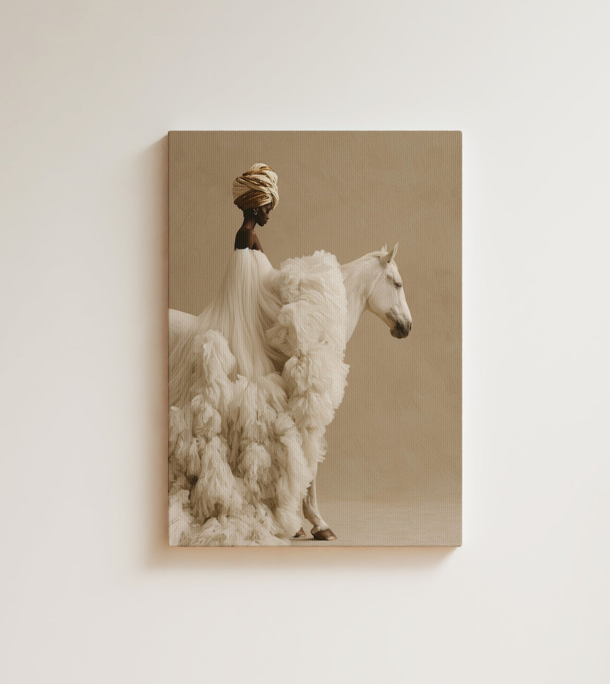 The White Mare: A Black woman in a gold headwrap and a white ruffled gown stands beside a white horse on warm beige. Canvas wall art, shown on a plain wall