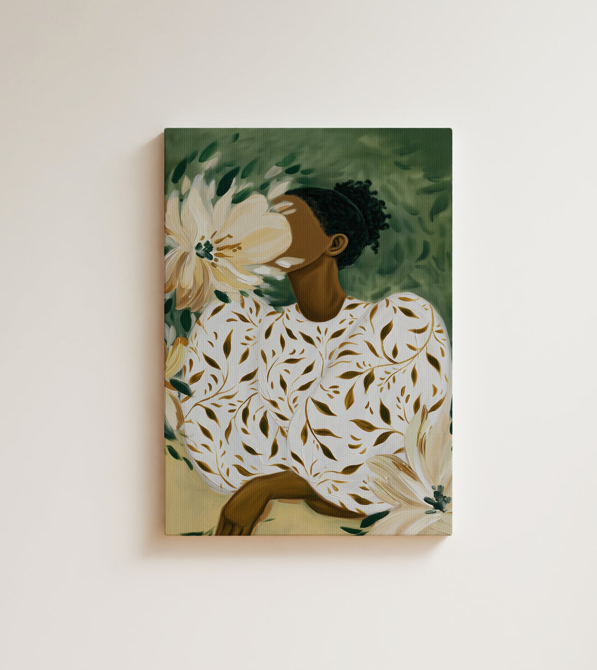 Hidden Bloom: An African American woman in a white leaf-patterned blouse. Canvas wall art, shown on a plain wall