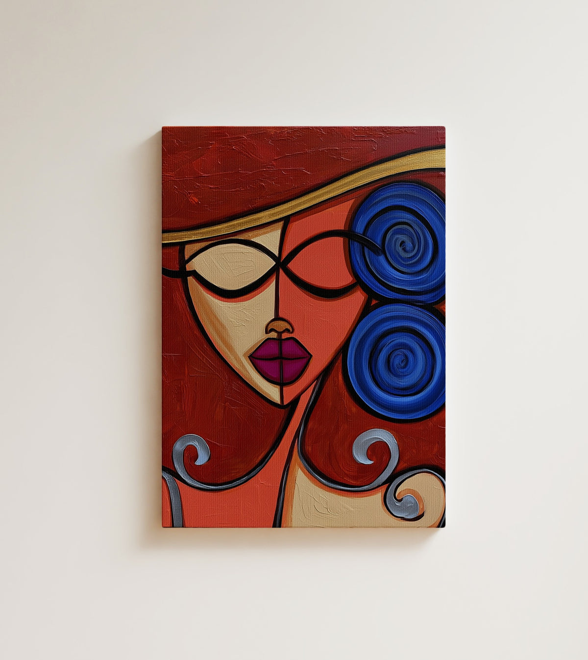 Cobalt Reverie: confidence, drawn in one unbroken line. Canvas wall art, shown on a plain wall