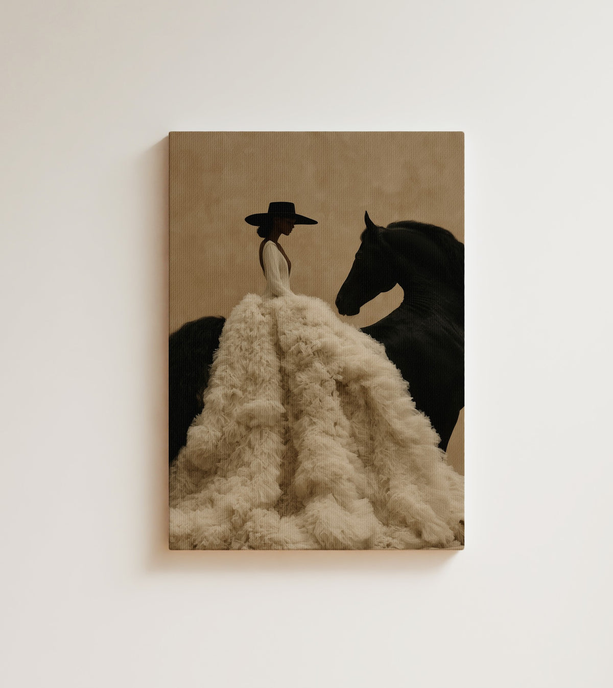 Rider in Ivory: A Black woman stands beside a dark horse. Canvas wall art, shown on a plain wall