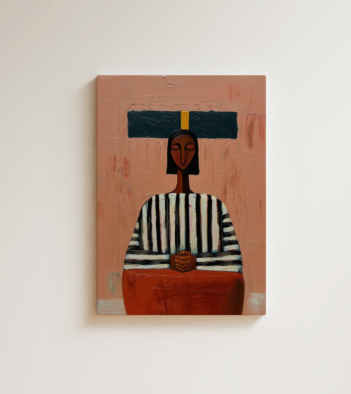 The Carrier: hands folded, gaze steady, a whole story told in three shapes. Canvas wall art, shown on a plain wall