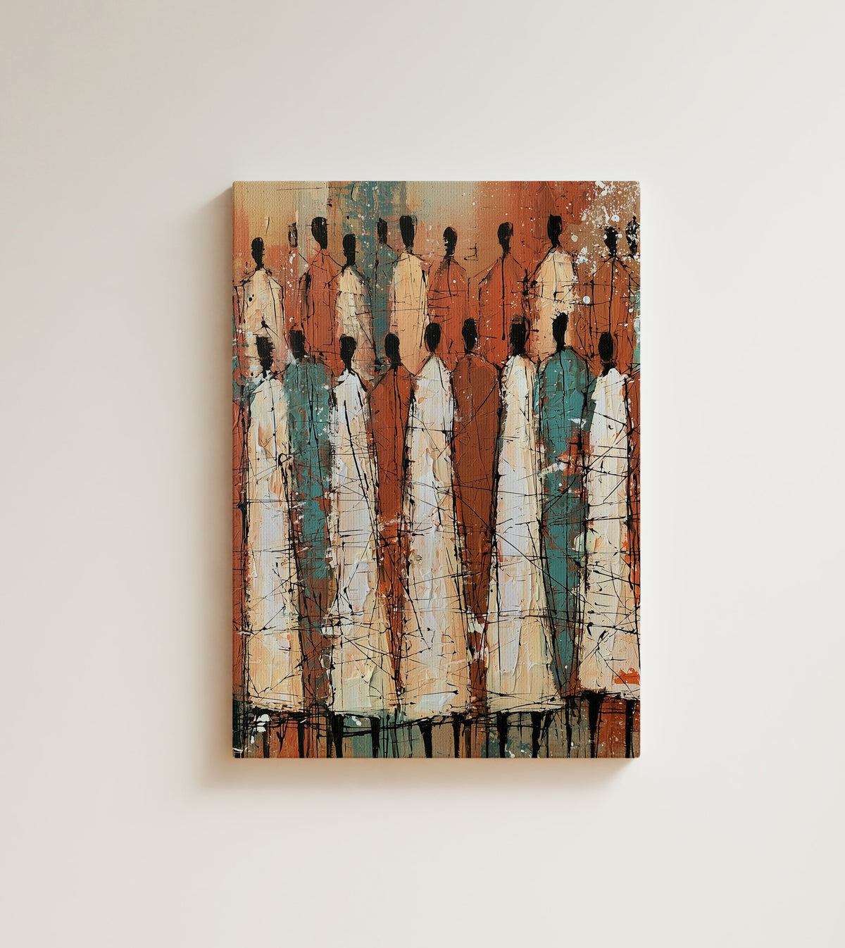 Standing Chorus: five Black women in cream robes streaked with rust and teal line up against a burnt orange terracotta ground. Canvas wall art, shown on a plain wall