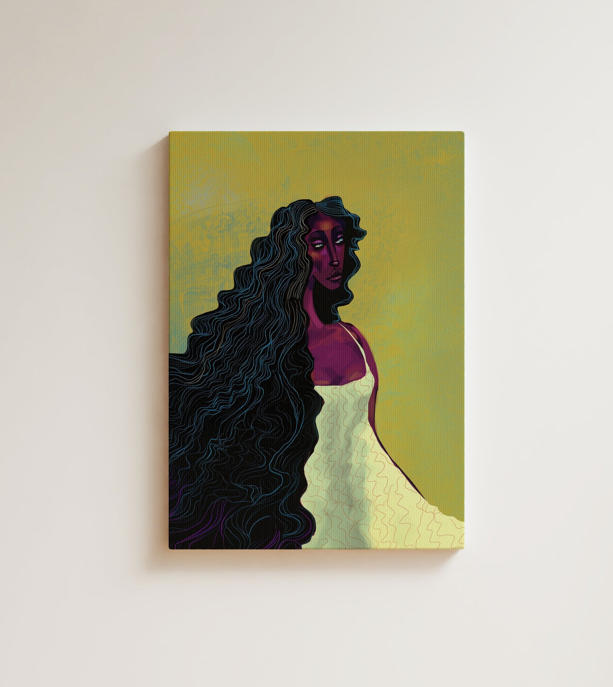Undertow: A woman with flowing waves of black hair laced in blue and gold. Canvas wall art, shown on a plain wall