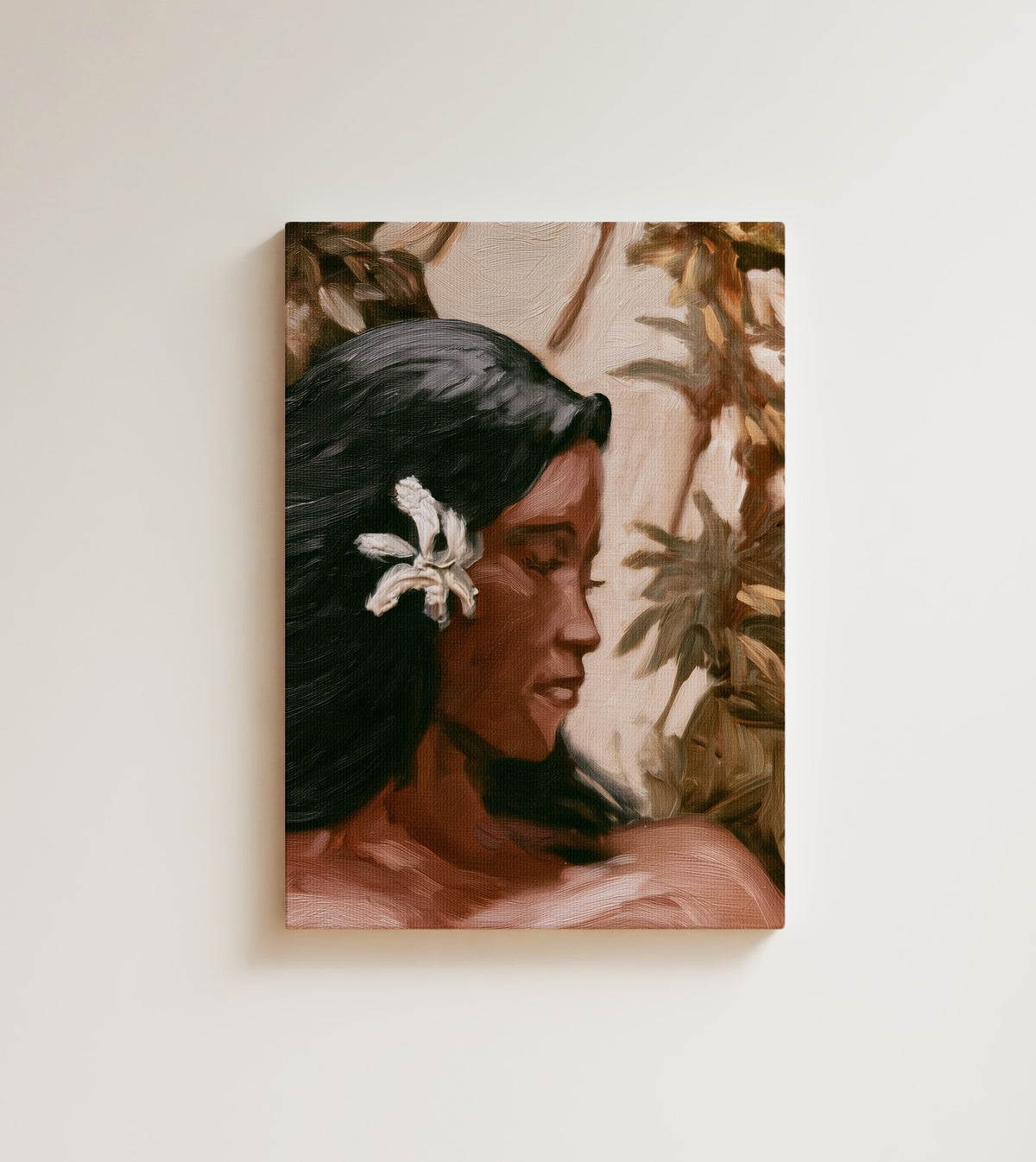 Woman with a Frangipani: A Black woman in profile, lowered eyes and a white flower in her dark hair. Canvas wall art, shown on a plain wall