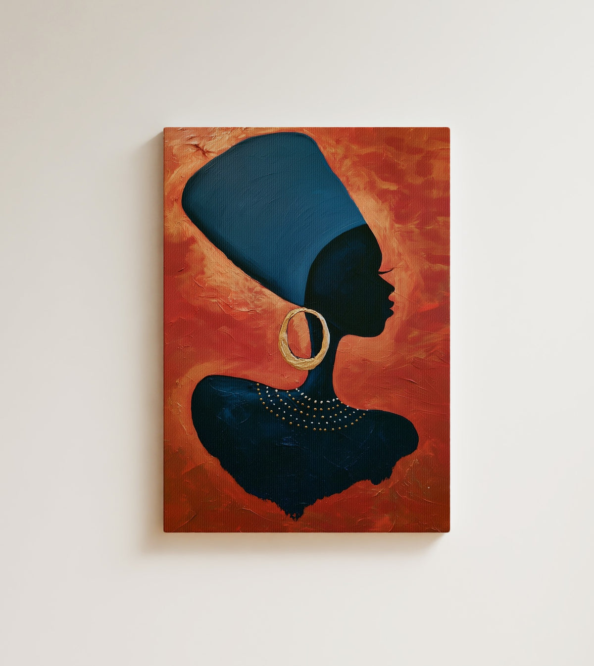 Blue Wrap: A Black woman in strict profile. Canvas wall art, shown on a plain wall