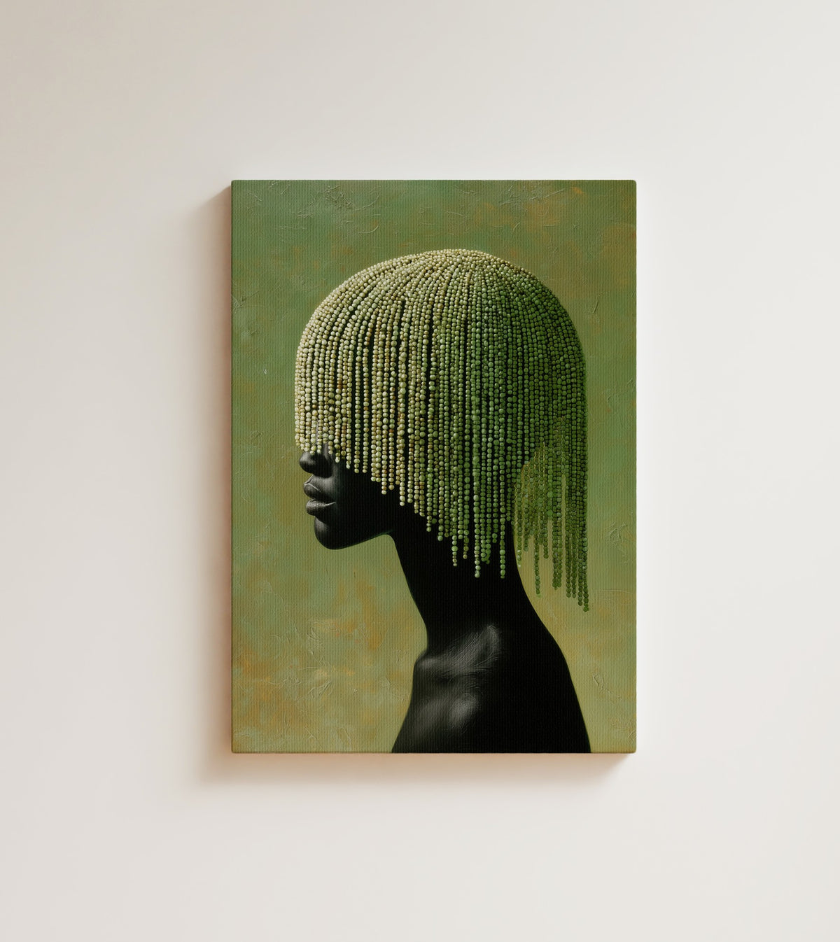 Veil in Sage: A Black woman in profile beneath a fringe of green beads, set on a textured sage ground. Canvas wall art, shown on a plain wall