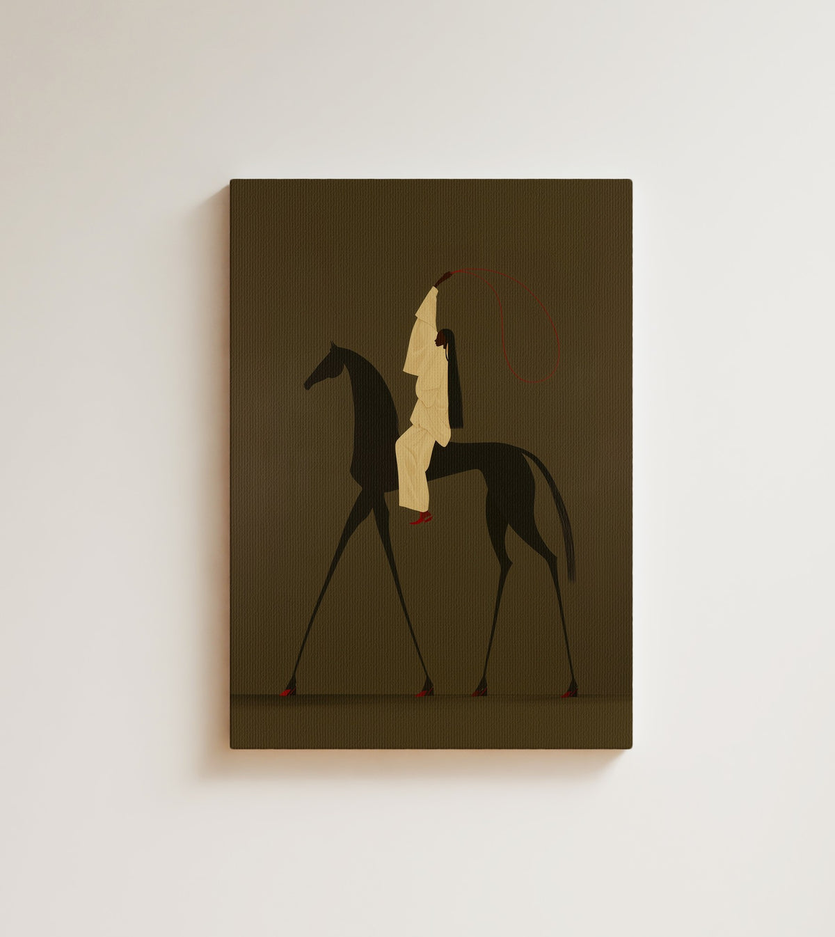 Stride: A woman in cream robes rides a tall black horse, a red rope looping in the air above her. Canvas wall art, shown on a plain wall