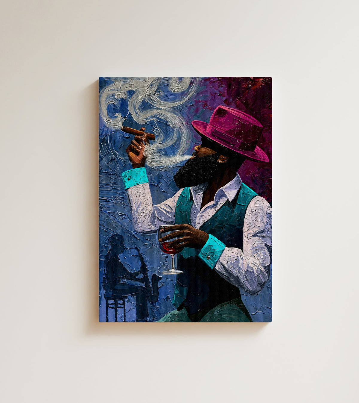 Gentleman in Magenta: A Black man in a magenta fedora and a teal vest, cigar smoke curling wide across deep blue and plum. Canvas wall art, shown on a plain wall