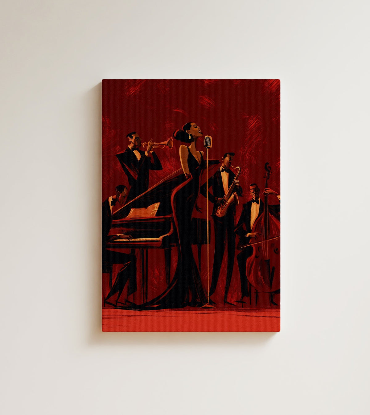 The Chanteuse: A singer leans into the microphone, her band in silhouette behind her. Canvas wall art, shown on a plain wall