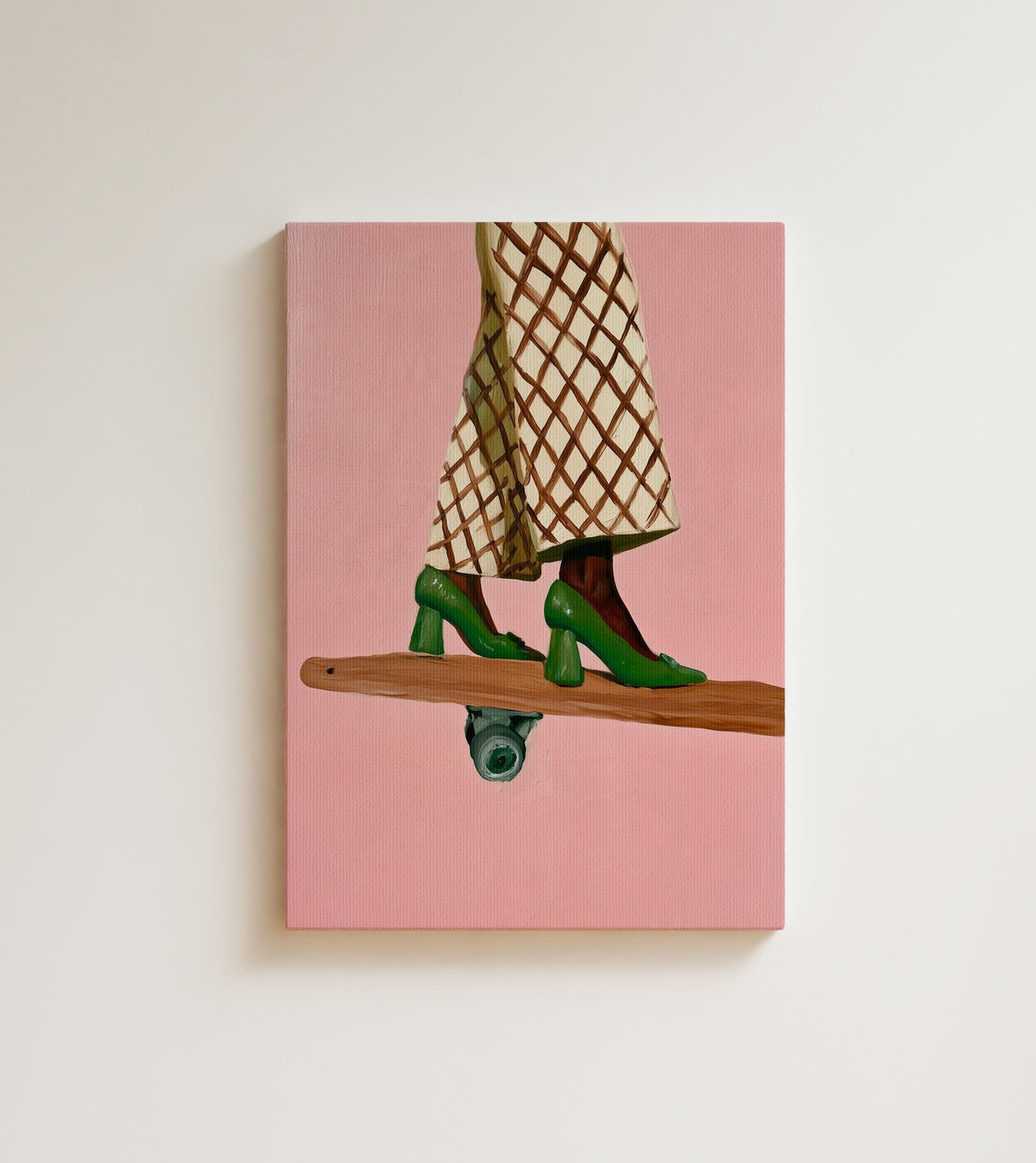 Poise: A fashion illustration of glossy green heels and a checkered midi skirt. Canvas wall art, shown on a plain wall