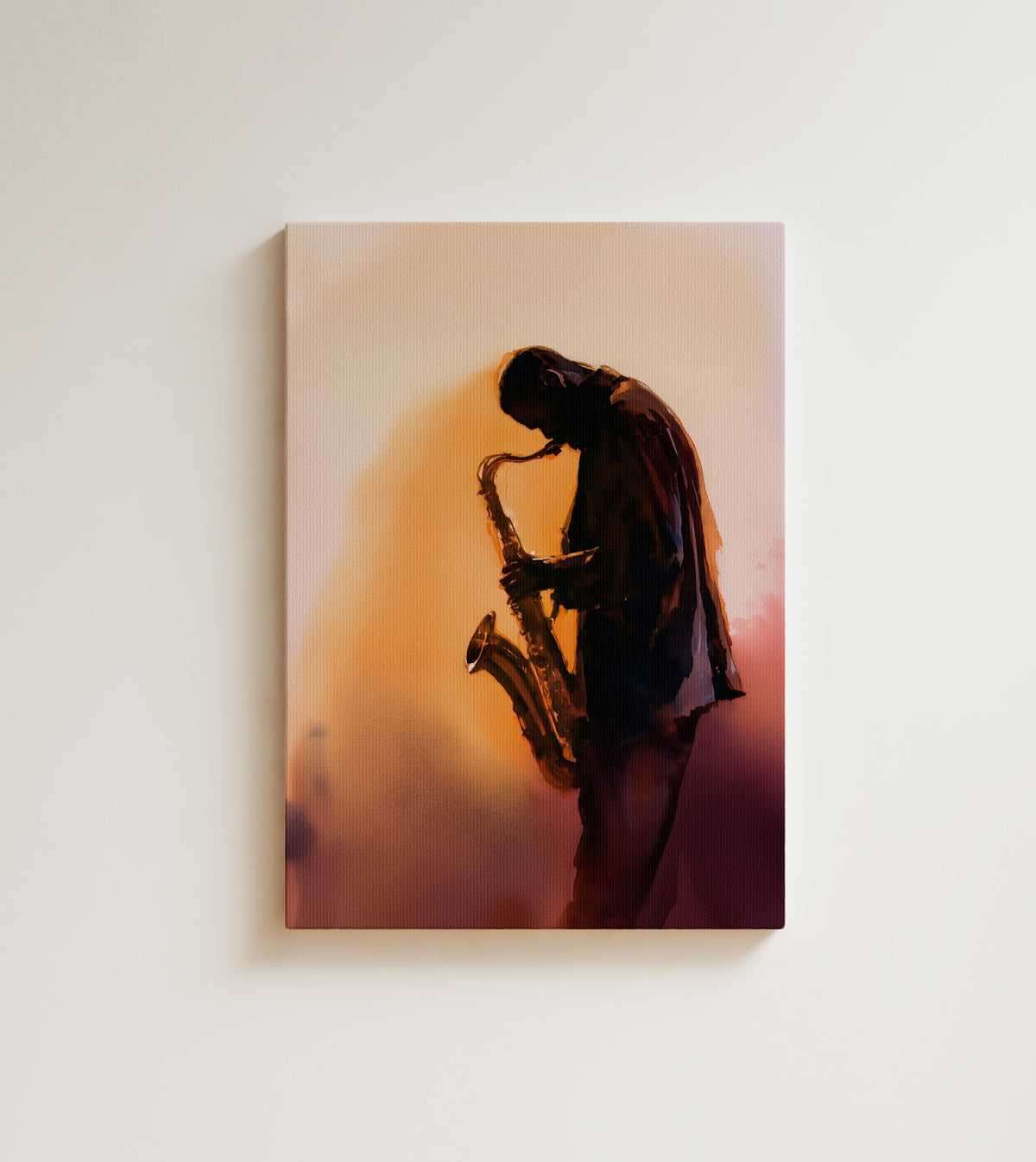 Breath and Brass: A Black jazz saxophone player in silhouette, head bowed over his horn in a glow of amber and rose. Canvas wall art, shown on a plain wall
