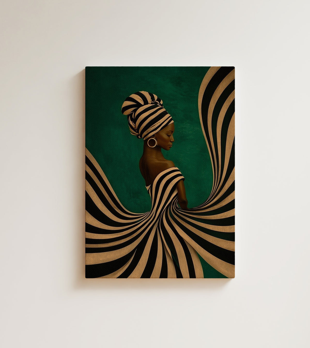 Spiral Gown: A woman in profile wears a black and tan striped head wrap and a single gold hoop. Canvas wall art, shown on a plain wall