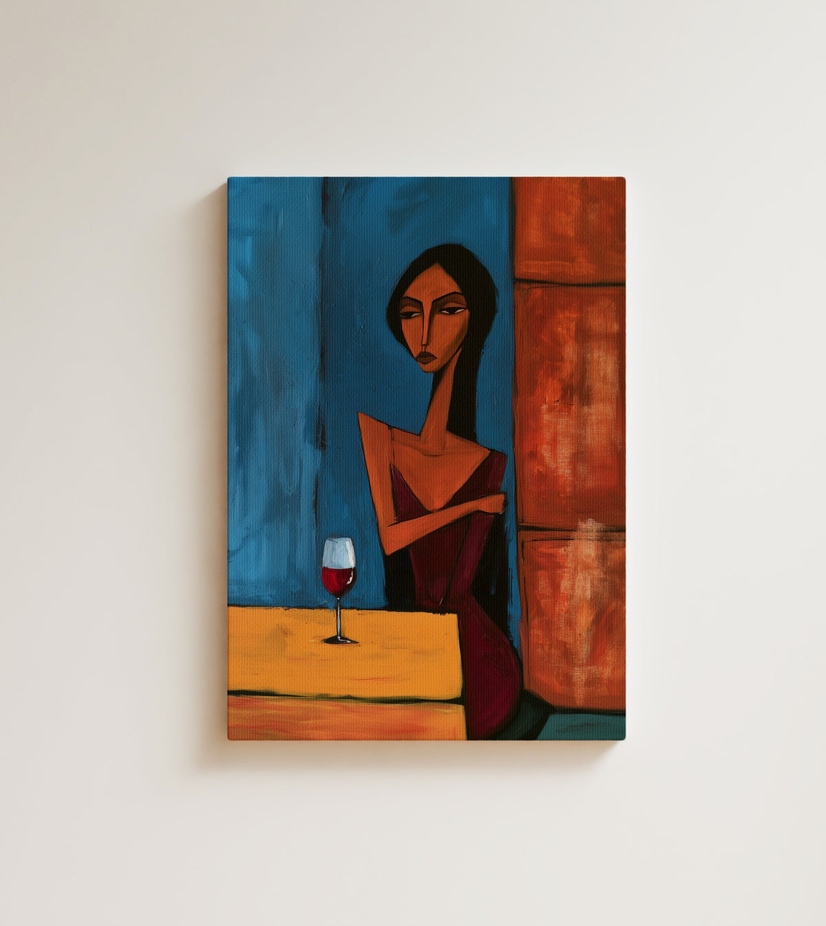 Evening Solitude: A woman in a red dress sits at a yellow cafe table with a glass of wine. Canvas wall art, shown on a plain wall