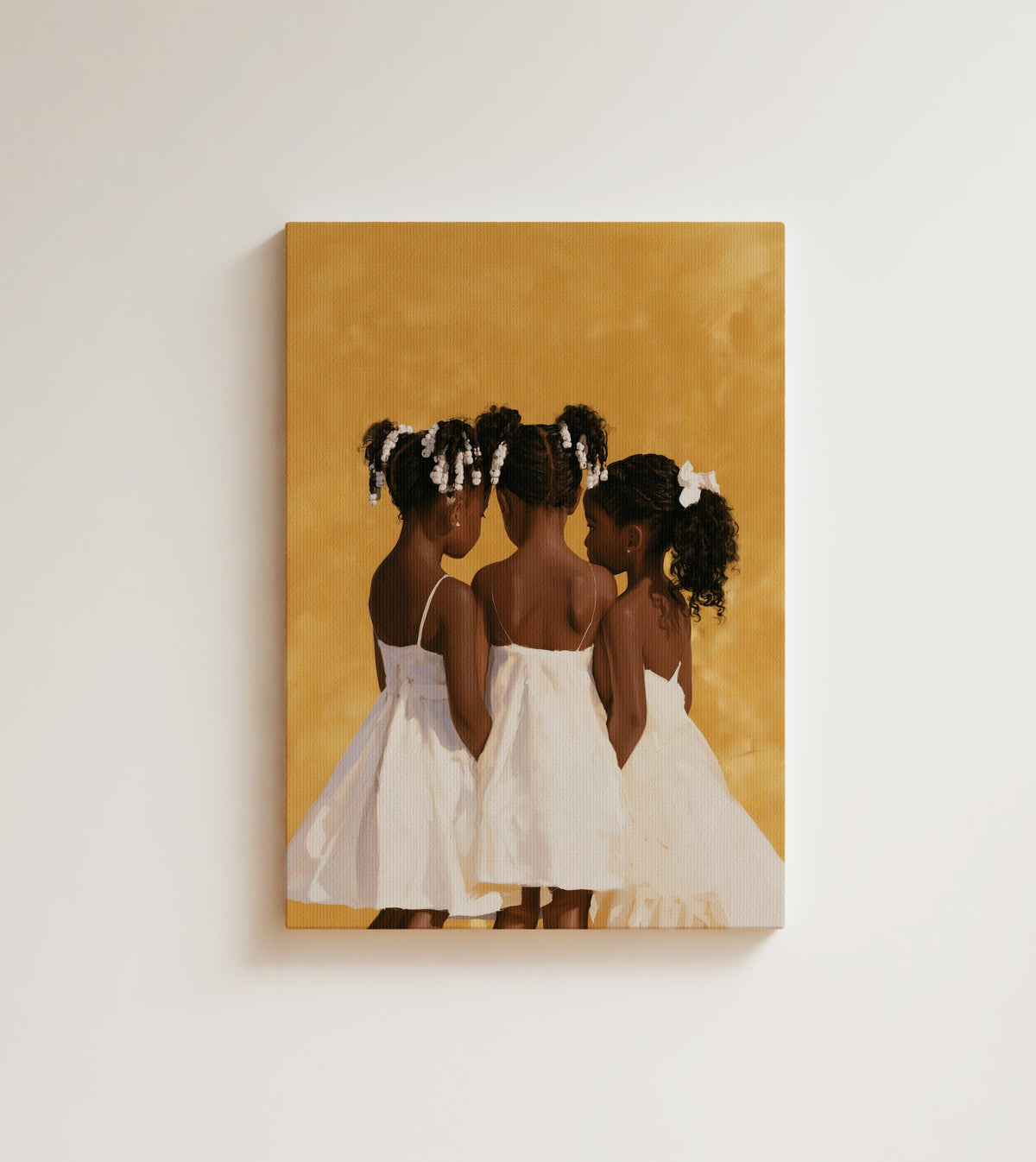 Three Sisters: three little girls seen from behind in white dresses. Canvas wall art, shown on a plain wall