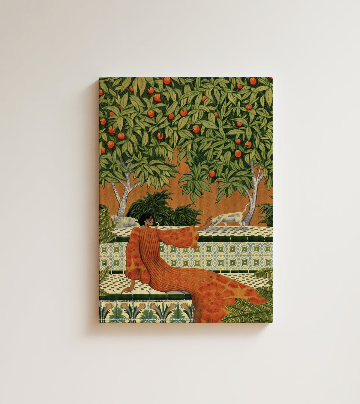 Orchard Heat: A woman in an orange robe lounges on green patterned tiles beneath a lush orange grove. Canvas wall art, shown on a plain wall