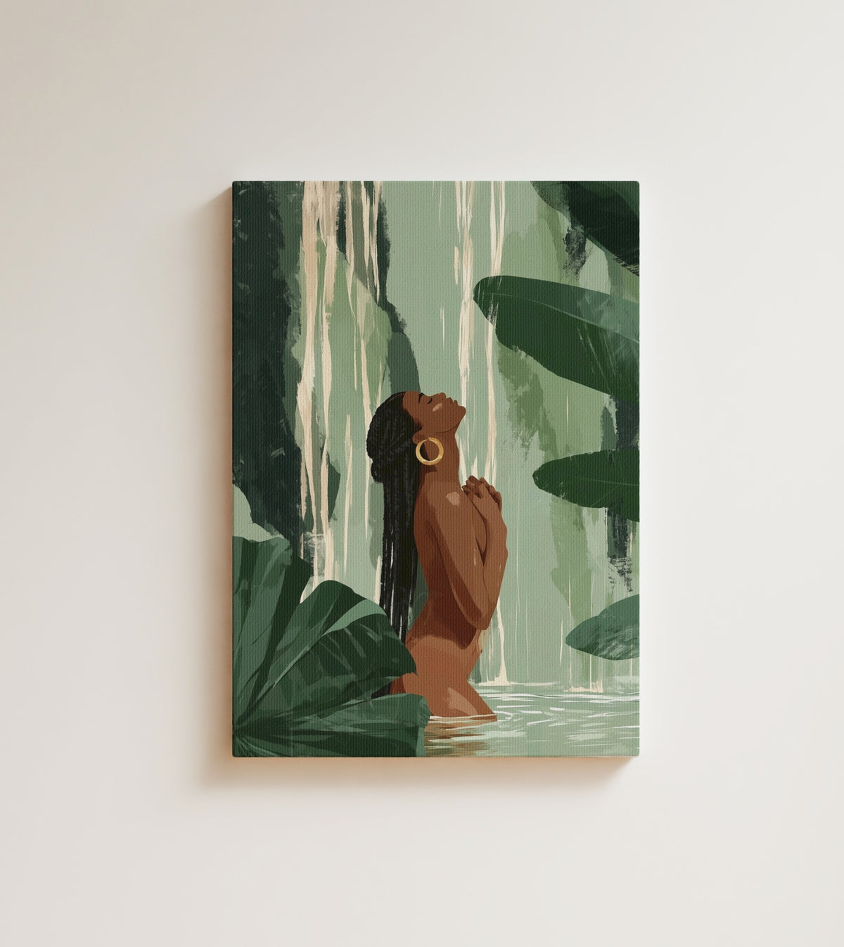 Falling Water: she isn't in a hurry to be anywhere. Canvas wall art, shown on a plain wall