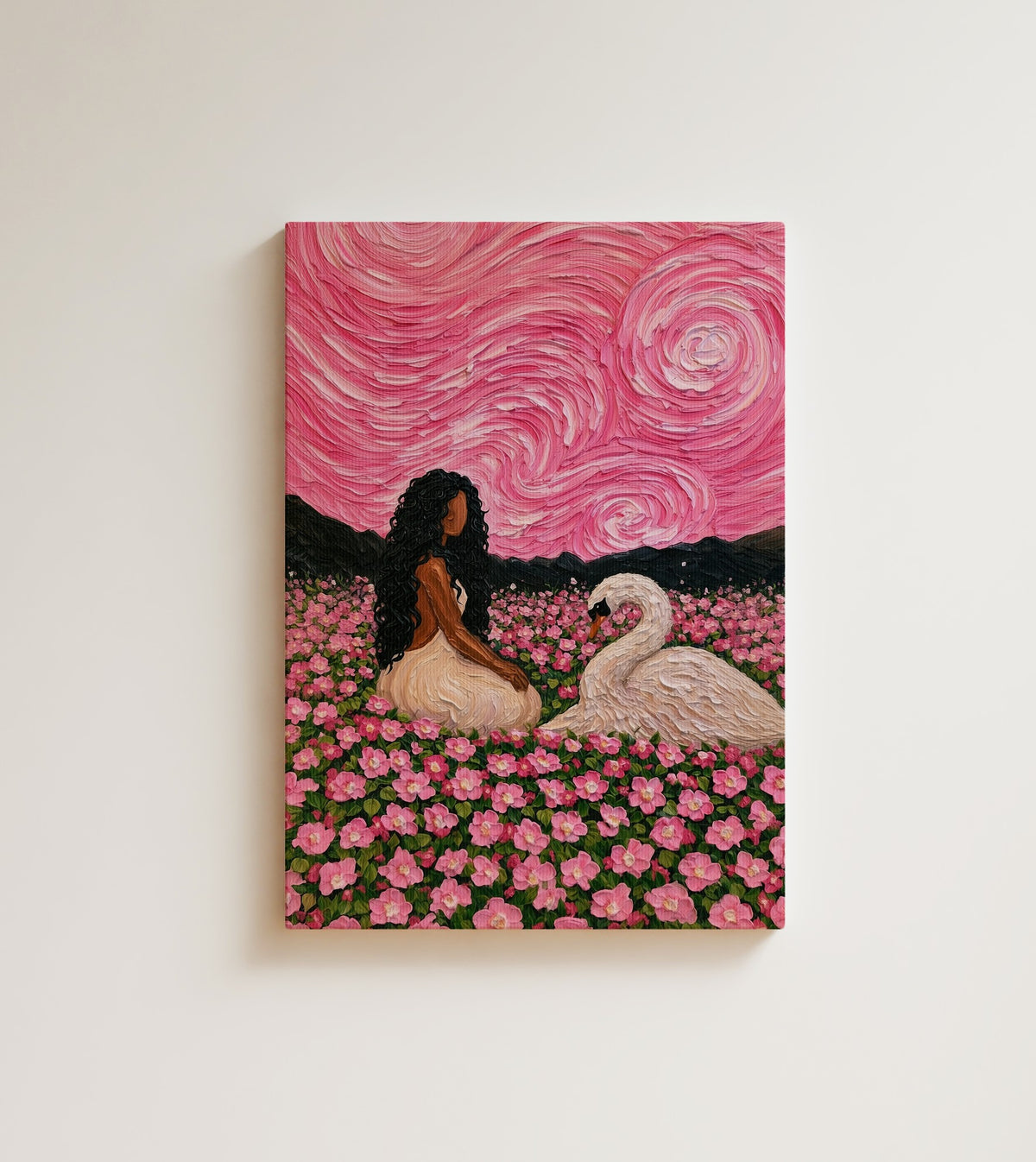 Swan Reverie: A Black woman sits among pink roses with two white swans beside her. Canvas wall art, shown on a plain wall
