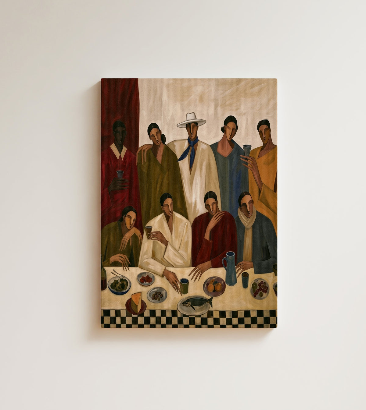 The Supper Guests: family and friends gather at a long dinner table set with wine, fish and fruit, in robes of red. Canvas wall art, shown on a plain wall