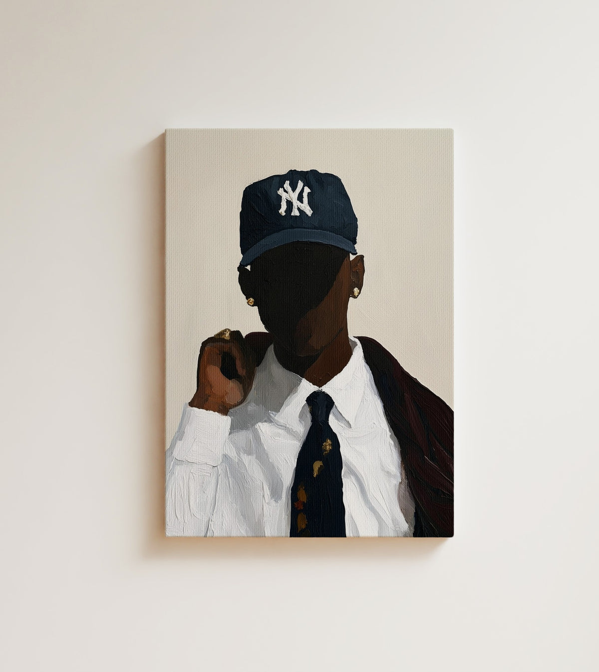 Man in Navy Cap: he dressed up, and he kept the cap on anyway. Canvas wall art, shown on a plain wall