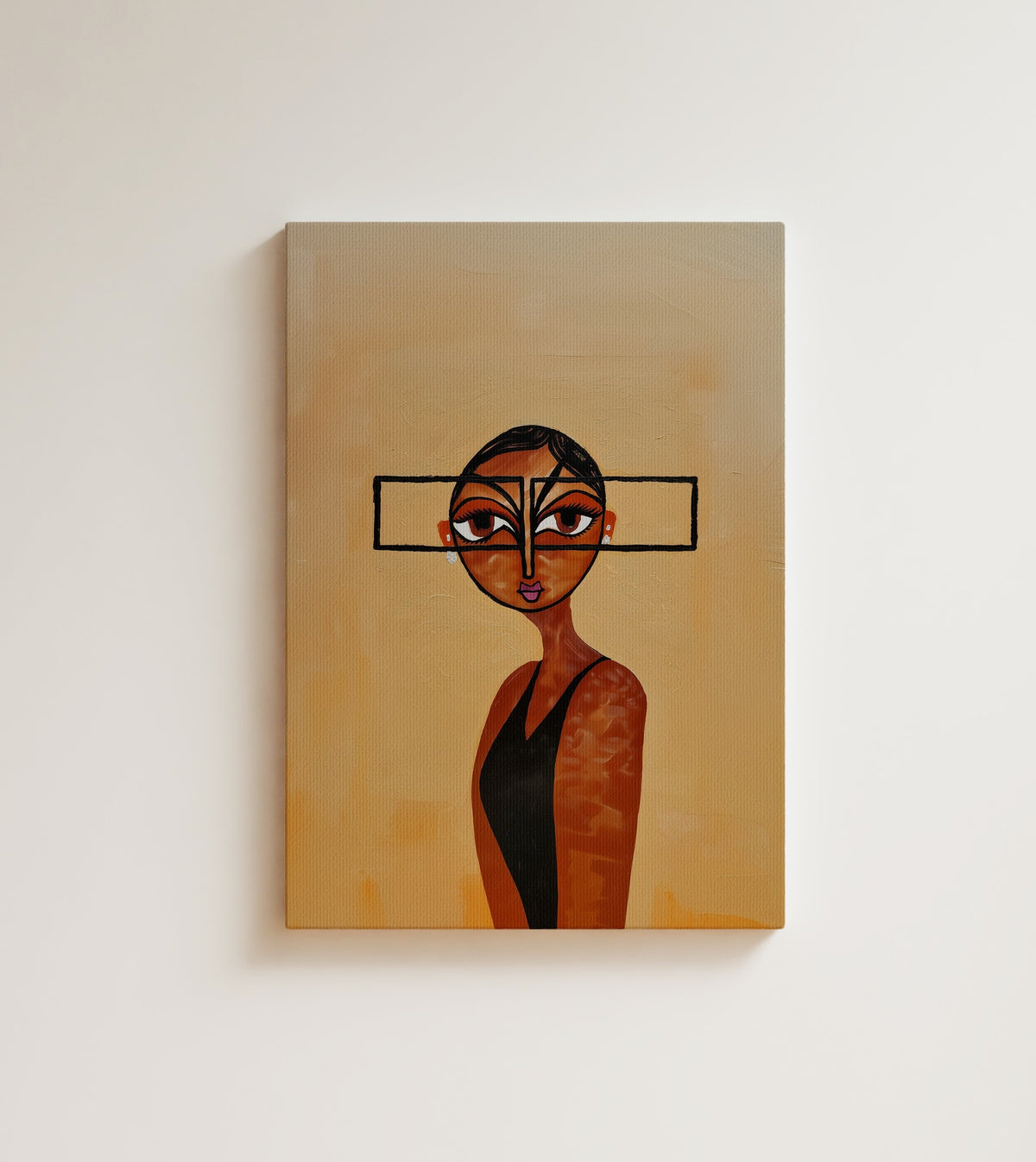 Quiet Scrutiny: A stylized woman in a black dress, a black-outlined rectangle framing her eyes. Canvas wall art, shown on a plain wall