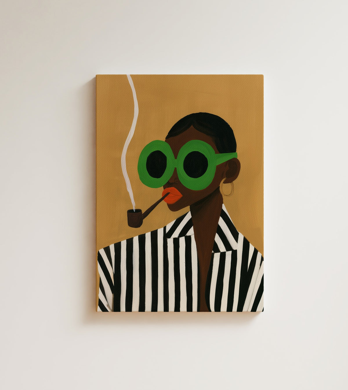 Woman with a Pipe: A poised woman in oversized round green glasses, a slim pipe at her lips. Canvas wall art, shown on a plain wall