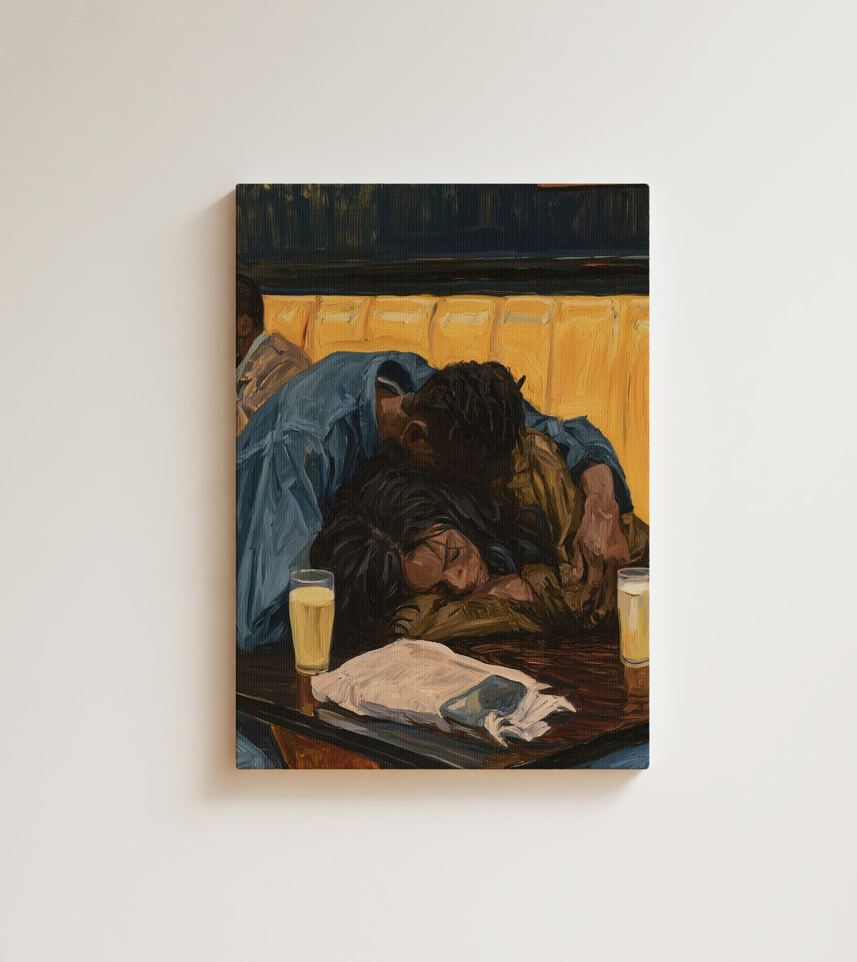 Last Call: A Black couple holds each other across a bar table, two glasses of beer between them. Canvas wall art, shown on a plain wall
