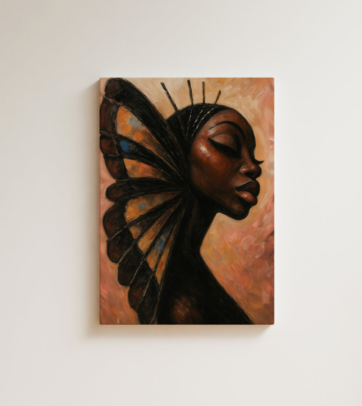The Chrysalis: she closed her eyes, and the wings came anyway. Canvas wall art, shown on a plain wall