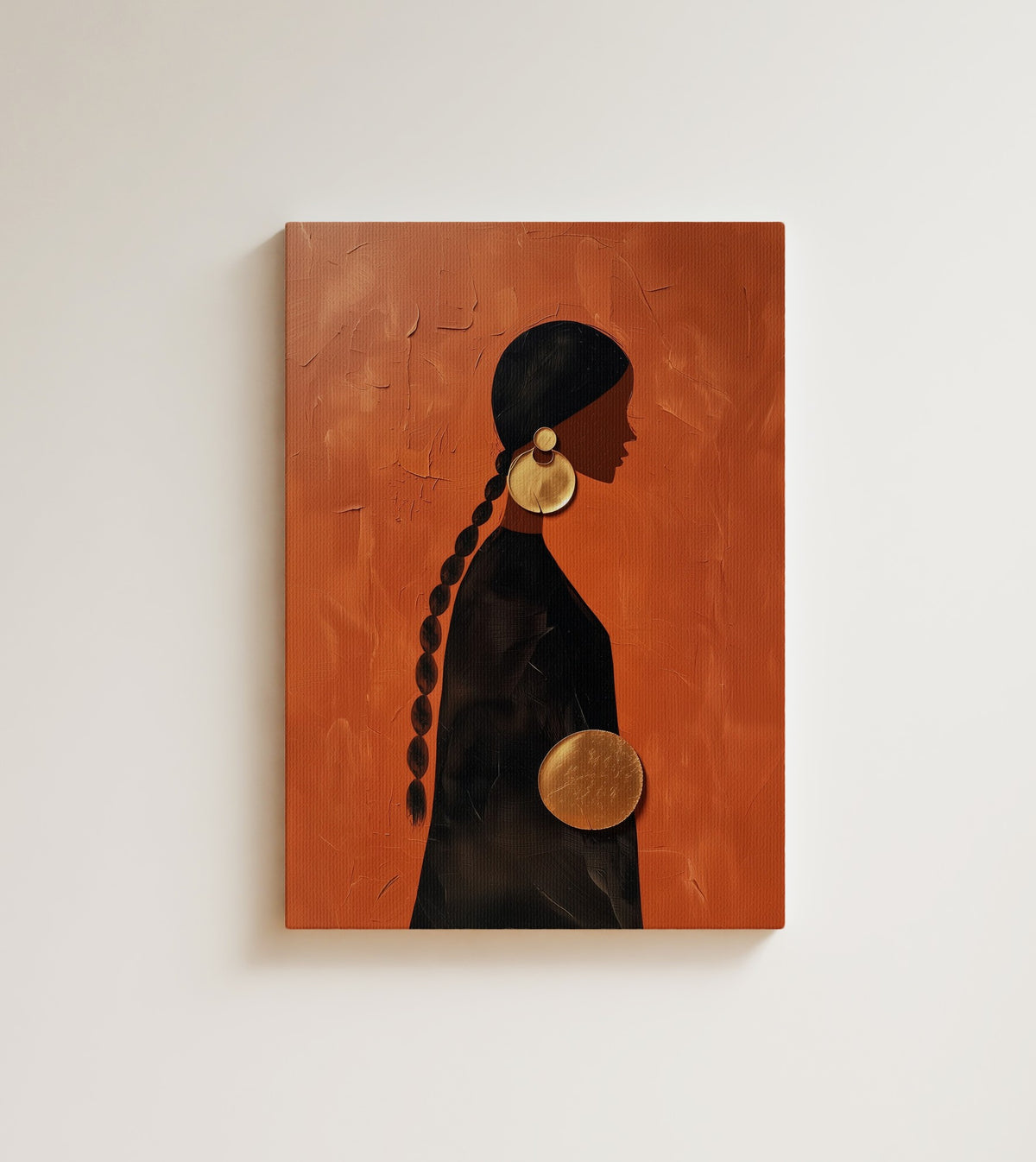 The Long Braid: A woman in profile with a long braid and a gold hoop earring. Canvas wall art, shown on a plain wall