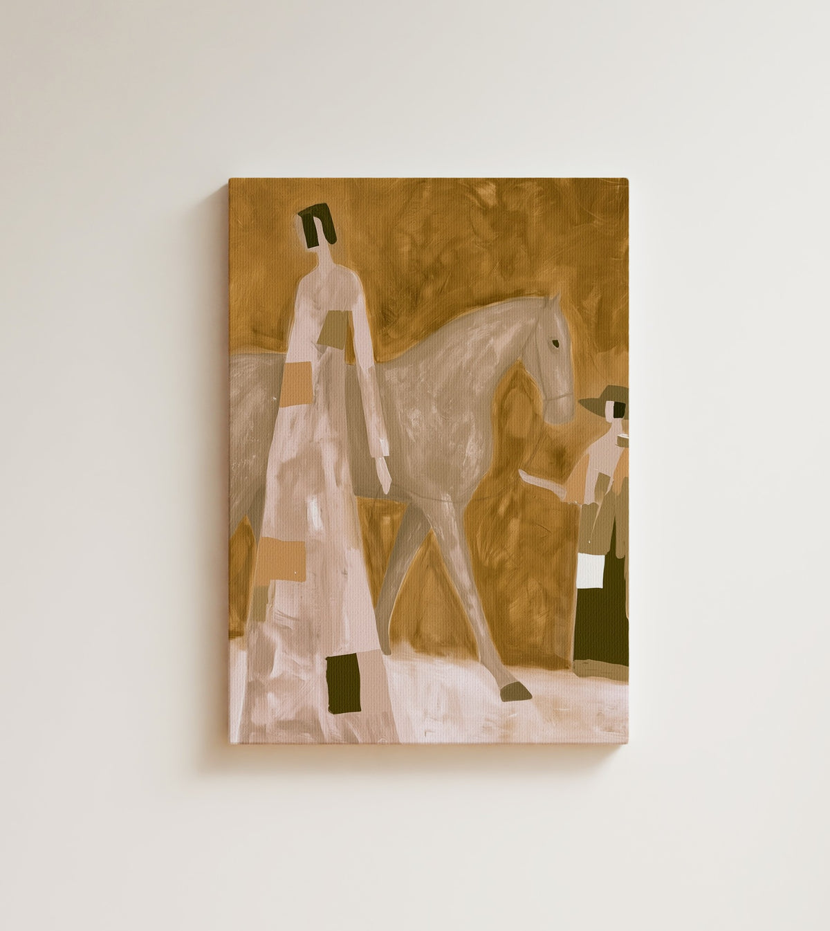 Ochre Distance: A tall faceless figure in a pale patchwork robe walks beside a grey horse on a mustard yellow and ochre ground. Canvas wall art, shown on a plain wall