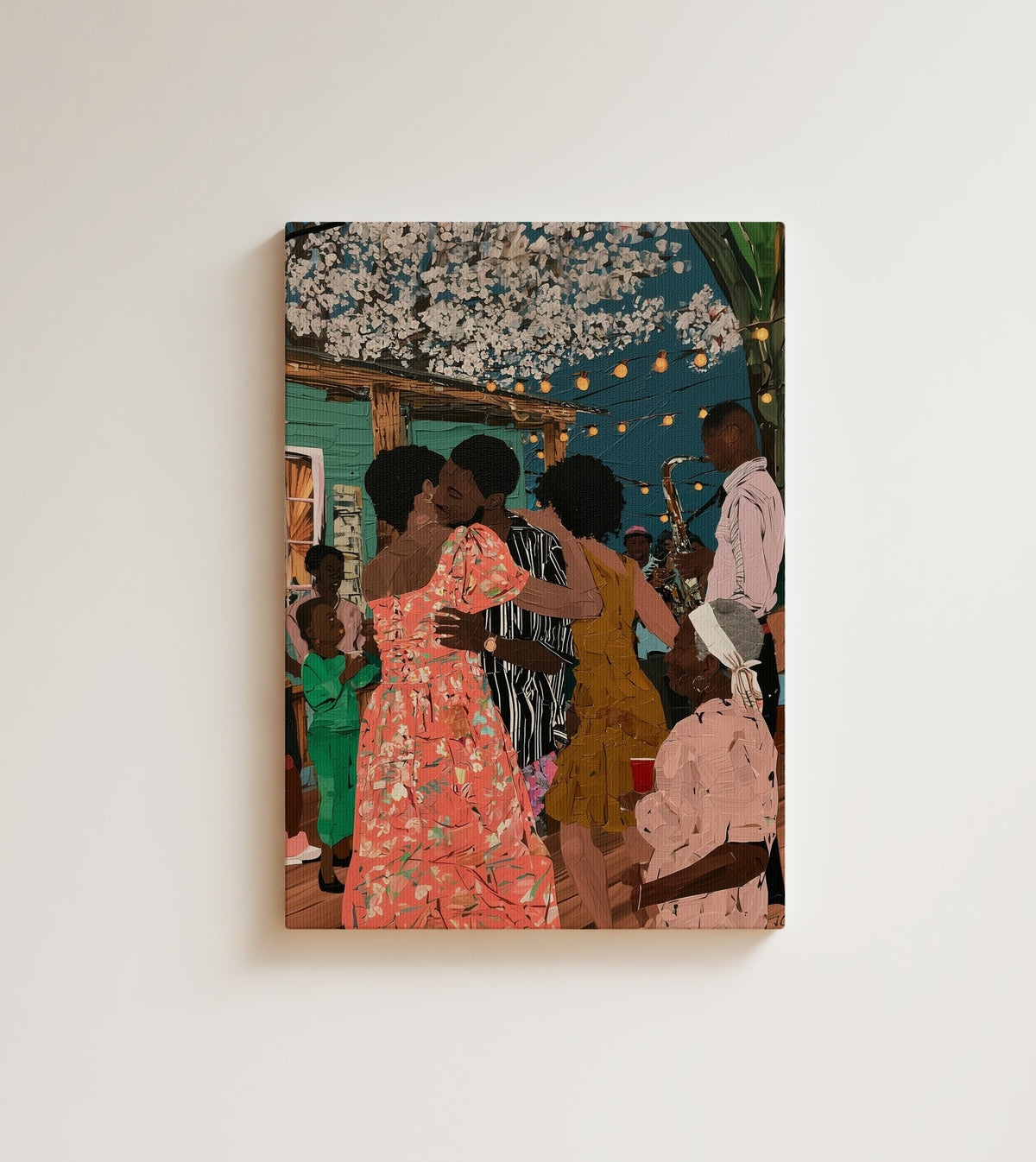 Party Under the Blossoms: A joyful backyard family gathering. Canvas wall art, shown on a plain wall