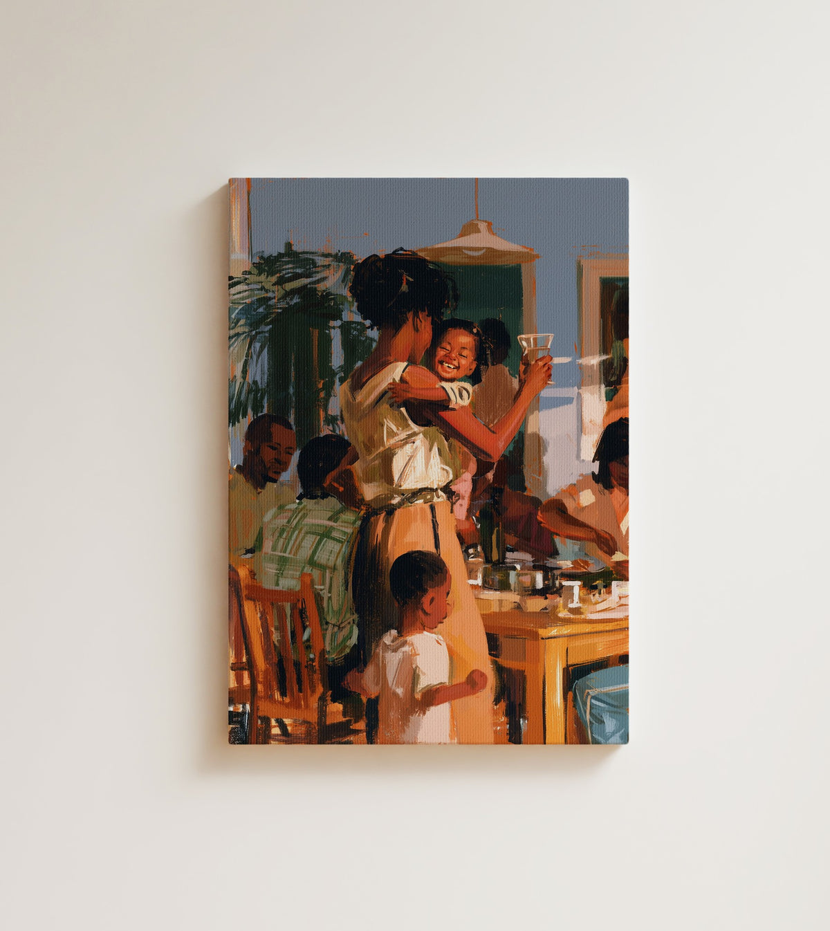 Coming Home for Supper: she lifts the glass, everybody plays along, and the toast is to absolutely nothing. Canvas wall art, shown on a plain wall