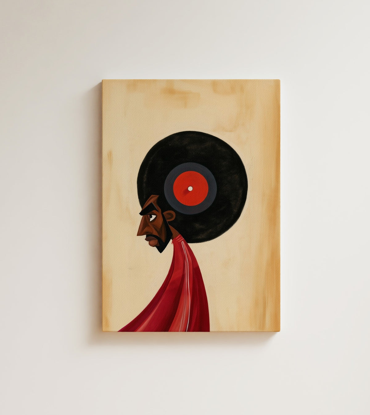The Listener: A Black man in profile whose afro is a spinning vinyl record with a red label. Canvas wall art, shown on a plain wall
