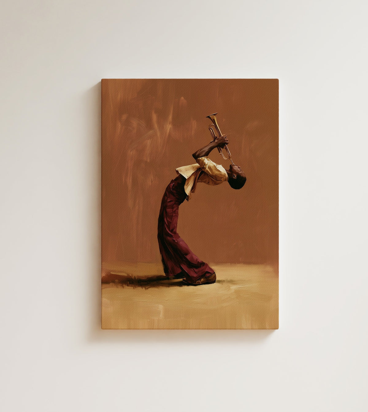 The Last Note: A jazz trumpet player arched all the way back mid-solo, cream shirt loose at the shoulders. Canvas wall art, shown on a plain wall
