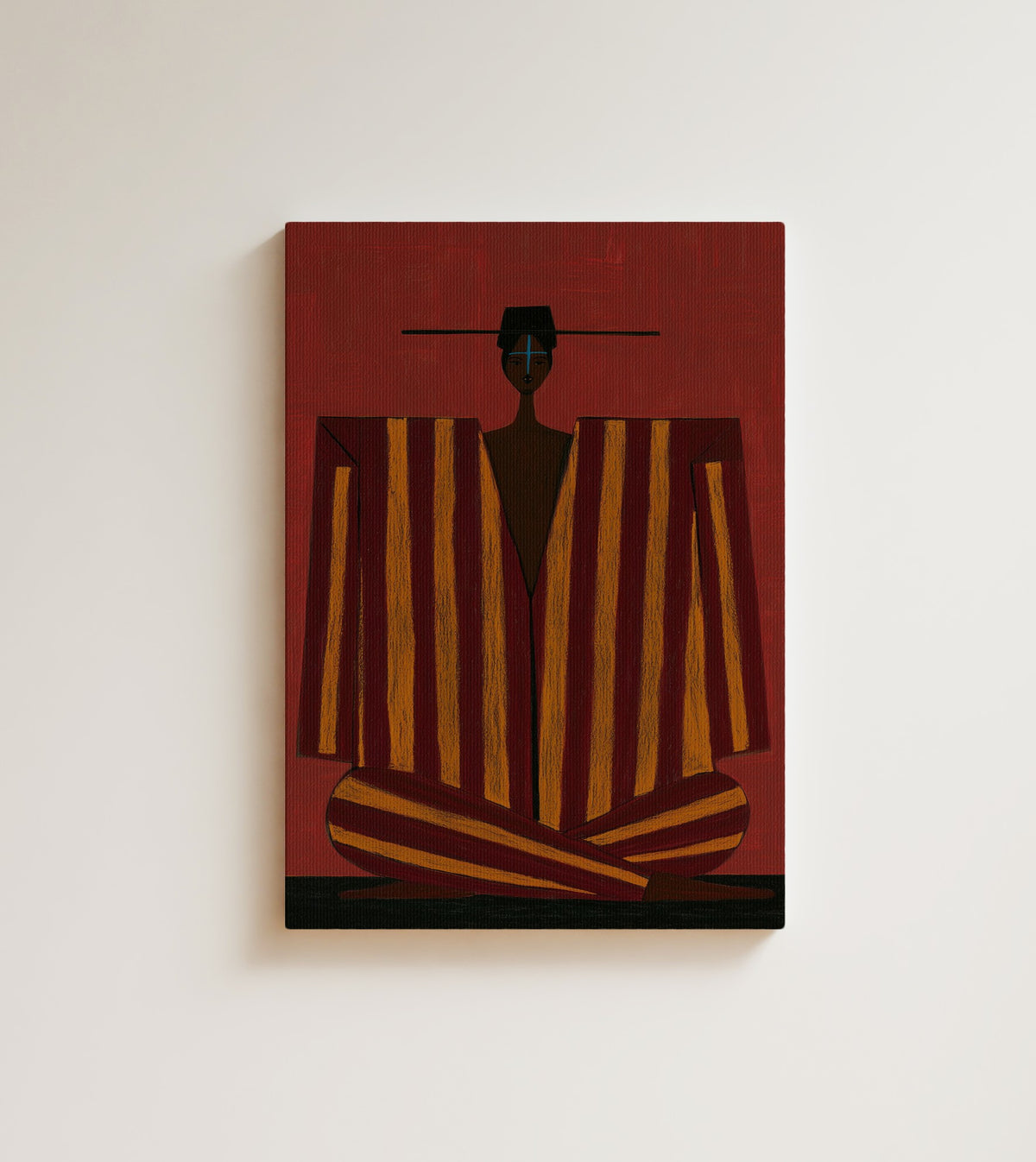 Carmine Stillness: A robe of stripes, a hat like a line, and a red that fills the room. Canvas wall art, shown on a plain wall