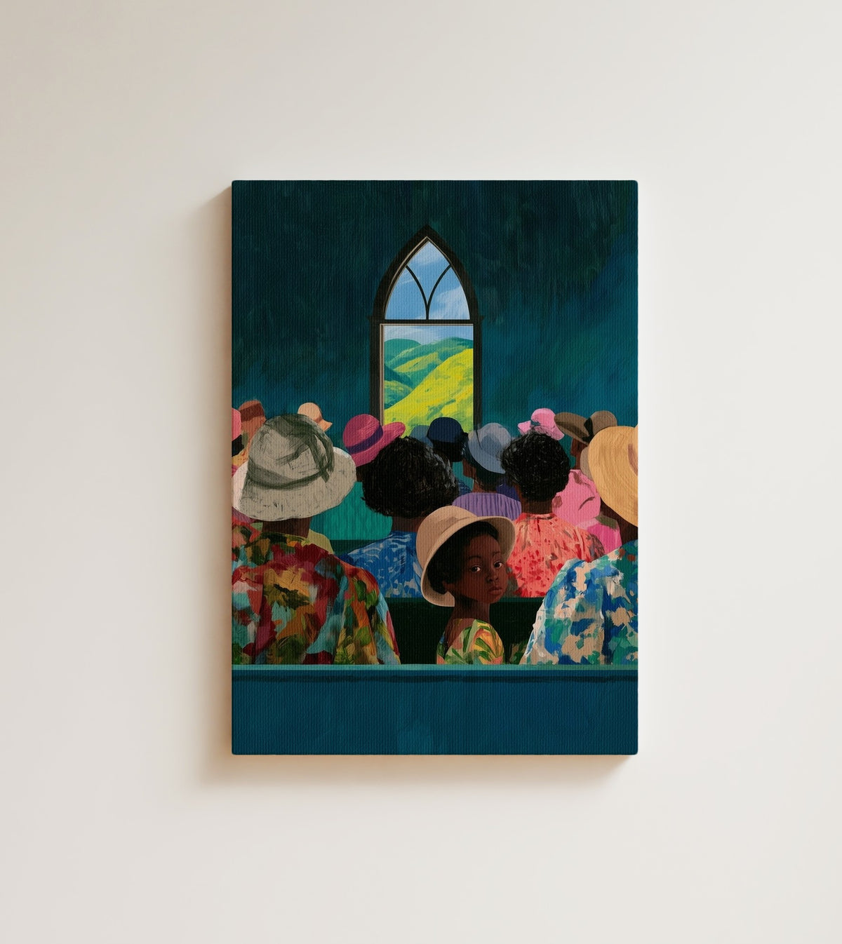 Morning Service: A congregation of Sunday hats fills the pews. Canvas wall art, shown on a plain wall